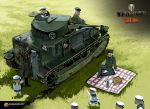  4boys 6+girls caterpillar_tracks grass ground_vehicle gun hat highres machine_gun military military_uniform military_vehicle motor_vehicle multiple_boys multiple_girls nogami_takeshi official_art picnic picnic_basket tank uniform vickers_medium_mark_ii wargaming_japan weapon world_of_tanks 