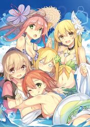  5girls :d :o ;q aloe_(flower_knight_girl) alternate_hairstyle apricot_(flower_knight_girl) bikini blonde_hair bow breasts brown_eyes brown_hair choker cleavage dreamlight2000 flower flower_knight_girl green_bow green_eyes hair_down hand_holding hat hat_flower hug katabami_(flower_knight_girl) long_hair looking_at_viewer medium_breasts multiple_girls navel o_o one_eye_closed open_mouth partially_submerged pink_hair saffron_(flower_knight_girl) short_hair smile suiren_(flower_knight_girl) sun_hat swimsuit tongue tongue_out water yellow_bow yellow_eyes 