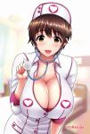  1girl :d bangs blurry blush breasts brown_eyes brown_hair cleavage collarbone depth_of_field hat heart heart_print highres idolmaster idolmaster_cinderella_girls large_breasts leaning_forward looking_at_viewer nurse nurse_cap oikawa_shizuku open_mouth short_hair smile solo stethoscope twitter_username umasan upper_body 