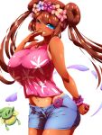  1girl bare_shoulders blue_eyes blush breasts brown_hair comfey dark_skin double_bun flower hair_flower hair_ornament highres large_breasts long_hair looking_at_viewer mei_(pokemon) midriff navel one_eye_closed parted_lips poke_ball short_shorts shorts simple_background smile solo tokyo_(great_akuta) white_background 