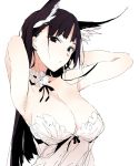  1girl animal_ears arms_up bare_shoulders black_hair blue_eyes breasts cleavage cuffs dress highres long_hair looking_at_viewer medium_breasts original shunsei_(muratou) white_dress 