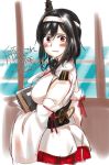  1girl bare_shoulders black_hair blush book breasts commentary_request cowboy_shot detached_sleeves hair_between_eyes hair_ornament hair_over_shoulder hakama_skirt headband headgear holding holding_book japanese_clothes kantai_collection looking_at_viewer looking_back medium_breasts nontraditional_miko obi parted_lips red_eyes remodel_(kantai_collection) ribbon-trimmed_sleeves ribbon_trim sagamiso sash short_hair solo translated twitter_username wide_sleeves window yamashiro_(kantai_collection) 