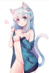  1girl animal_ears bangs bare_shoulders blue_eyes blush bow bow_panties breasts cat_ears cat_girl cat_tail collarbone eromanga_sensei green_jacket hair_bow izumi_sagiri jacket kemonomimi_mode long_hair long_sleeves looking_at_viewer medium_breasts navel no_bra open_clothes open_jacket open_mouth panties pink_bow pink_panties silver_hair simple_background solo standing tail underwear very_long_hair white_background xing 