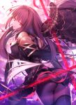  1girl ass bangs bodysuit breasts dual_wielding erect_nipples fate/grand_order fate_(series) from_behind gae_bolg hair_intakes highres holding holding_weapon light_smile long_hair looking_at_viewer looking_back medium_breasts parted_lips pauldrons petals polearm purple_bodysuit purple_hair red_eyes scathach_(fate/grand_order) shinooji solo spear veil very_long_hair weapon 