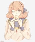  1girl artist_name blush brown_eyes curly_hair eating fire_emblem fire_emblem_echoes:_mou_hitori_no_eiyuuou grey_background hairband hakirino highres jenny_(fire_emblem) jewelry necklace one_eye_closed pink_hair simple_background solo upper_body 
