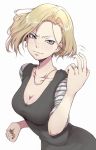  1girl android_18 blonde_hair breasts cleavage come_hither dragon_ball dragonball_z earrings grey_eyes ina_(gokihoihoi) jewelry looking_at_viewer medium_breasts necklace simple_background solo upper_body white_background 