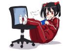  1girl bangs black_hair blush chair eyebrows_visible_through_hair handheld_game_console hiraga_matsuri holding jacket love_live! love_live!_school_idol_project office_chair open_mouth pants rectangle red_eyes shadow simple_background socks solo sweatdrop teeth track_jacket track_pants track_suit trembling twintails white_background white_legwear yazawa_nico 
