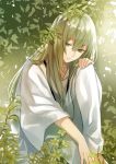  androgynous barefoot closed_mouth enkidu_(fate/strange_fake) fate/strange_fake fate_(series) fingernails grass green_eyes green_hair leaf long_hair long_sleeves matching_hair/eyes outdoors plaid robe shiny shiny_hair sitting smile solo sunlight yuzuki_karu 