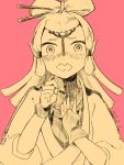 1girl blush dated facial_mark fingerless_gloves forehead_mark gloves hair_ornament hair_rings hair_stick hair_tubes koide_yoshito long_hair monochrome paya_(zelda) pink_background pointy_ears solo the_legend_of_zelda the_legend_of_zelda:_breath_of_the_wild wavy_mouth wide-eyed 