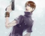  1boy back bracelet brown_hair earrings green_eyes gun jewelry kanna_jun male_focus open_mouth resident_evil resident_evil_code:_veronica snow solo steve_burnside teeth upper_body weapon 