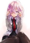  1girl adjusting_glasses black-framed_eyewear black_legwear eyes_visible_through_hair fate/grand_order fate_(series) glasses necktie pantyhose pink_hair shielder_(fate/grand_order) sitting skirt solo violet_eyes yuzuki_karu 