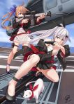  2girls absurdres aiming aircraft battle_rifle blue_eyes brown_eyes brown_hair commentary fal_(girls_frontline) five-seven_(girls_frontline) five-seven_(gun) fn_fal girls_frontline gun hair_ornament hairclip handgun helicopter highres holding holding_gun holding_weapon jacket jpc kneeling long_hair magazine_(weapon) multiple_girls panties pantyshot pantyshot_(kneeling) pistol ponytail rifle scope silver_hair single_thighhigh skirt thigh-highs uh-60_blackhawk underwear weapon 
