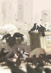  1girl bandage bandage_over_one_eye bird blurry brown_hair bucket city crow depth_of_field dog dumpster garbage highres kneeling original school_uniform short_sleeves solo trash_bag tsukuba_masahiro 