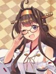  1girl ahoge bespectacled brown_hair checkered checkered_background commentary_request cup detached_sleeves double_bun glasses hairband headgear highres ido_(teketeke) japanese_clothes kantai_collection kongou_(kantai_collection) long_hair long_sleeves looking_at_viewer nontraditional_miko one_eye_closed open_mouth ribbon-trimmed_sleeves ribbon_trim skirt smile solo steam teacup upper_body violet_eyes wide_sleeves 