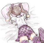  1girl bed_sheet blouse blush brown_hair ear_blush embarrassed face_down face_in_pillow hair_ribbon himekaidou_hatate leg_up lying nibi on_stomach pillow pillow_hug plaid plaid_skirt purple_legwear ribbon short_hair sketch skirt solo thigh-highs touhou twintails zettai_ryouiki 