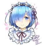  1girl blue_eyes blue_hair blush closed_mouth dated eyes_visible_through_hair hair_ornament hair_over_one_eye hair_ribbon looking_at_viewer maid maid_headdress neck_ribbon okitakung pink_ribbon portrait re:zero_kara_hajimeru_isekai_seikatsu red_ribbon rem_(re:zero) ribbon short_hair signature smile solo x_hair_ornament 