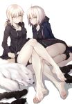  2girls ahoge ass bangs barefoot batatata77 belt dog fate/grand_order fate_(series) feet feet_together hair_between_eyes hair_ornament hair_ribbon highres hood hoodie jacket jeanne_alter jewelry legs legs_crossed looking_at_viewer multiple_girls necklace ponytail ribbon ruler_(fate/apocrypha) saber saber_alter shoes_removed short_hair short_shorts shorts sitting soles thighs tied_hair toes white_background yellow_eyes 