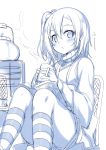  1girl bangs blue blush book chair cup hair_between_eyes hiraga_matsuri holding holding_cup kneehighs knees_up kousaka_honoka looking_at_viewer love_live! love_live!_school_idol_project monochrome mug one_side_up open_book pursed_lips simple_background sitting sketch solo steam striped striped_legwear teapot 