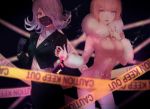  2girls :p andou_ruruka belt black_gloves black_jacket black_skirt blush bow buttons candy caution_tape collared_shirt dangan_ronpa dangan_ronpa_3 food fur_collar gloves jacket kimura_seiko lollipop long_sleeves mask multiple_girls one_eye_covered pink_bow pink_hair pink_jacket purple_hair shirt short_hair skirt thigh-highs tongue tongue_out violet_eyes white_legwear white_shirt yukifuru 