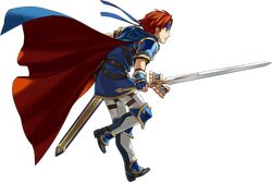  1boy armor belt blue_eyes cape fingerless_gloves fire_emblem fire_emblem:_fuuin_no_tsurugi fire_emblem_heroes full_body gloves headband highres holding holding_weapon kozaki_yuusuke male_focus official_art pants redhead roy_(fire_emblem) short_hair short_sleeves shoulder_armor solo sword transparent_background weapon 