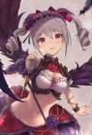  1girl bangs black_wings blurry blush breasts cowboy_shot crop_top curly_hair depth_of_field detached_sleeves eyebrows_visible_through_hair feathered_wigns feathers grey_background grey_hair hair_between_eyes highres idolmaster idolmaster_cinderella_girls kanzaki_ranko long_hair looking_at_viewer medium_breasts microphone microphone_stand midriff navel parfaitlate parted_lips pink_eyes ringlets simple_background skirt smile solo teeth twintails wings 
