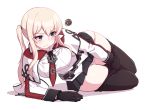  1girl black_gloves black_legwear black_skirt blonde_hair blue_eyes closed_mouth gloves graf_zeppelin_(kantai_collection) kantai_collection long_hair lying narynn panties simple_background skirt solo thigh-highs underwear white_background white_panties 