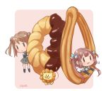  2girls :3 arm_warmers artist_name asagumo_(kantai_collection) brown_hair chocolate double_bun doughnut eyebrows_visible_through_hair food french_cruller hair_ribbon kantai_collection long_hair michishio_(kantai_collection) multiple_girls nuno_(pppompon) pleated_skirt pon_de_lion ribbon school_uniform simple_background skirt suspenders tail twintails 