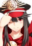  1girl ;) adjusting_clothes adjusting_hat bangs black_hair blush cape closed_mouth collarbone demon_archer fate_(series) hat hirame_sa koha-ace long_hair looking_at_viewer one_eye_closed peaked_cap portrait red_eyes sidelocks smile solo swept_bangs 