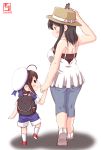  2017 2girls :3 ahoge alternate_costume backpack bag bare_arms bare_shoulders black_hair blue_eyes blush braid breasts commentary_request dated full_body hair_ornament hair_ribbon hand_holding hat highres kanon_(kurogane_knights) kantai_collection large_breasts long_hair multiple_girls ribbon shigure_(kantai_collection) short_hair signature smile standing yamashiro_(kantai_collection) younger 