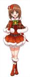  10s 1girl boots bow brown_eyes brown_hair fur_trim girls_und_panzer gloves hair_bow highres looking_at_viewer nishizumi_miho official_art open_mouth petticoat plaid red_gloves santa_costume short_hair solo 