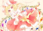  1girl blonde_hair blue_flower bow bowtie crystal fang flandre_scarlet flower frilled_hat frilled_skirt frills hands_over_mouth hat hat_ribbon heart heart-shaped_pupils looking_at_viewer mob_cap open_mouth pink_background purple_flower red_eyes red_flower red_ribbon red_skirt red_vest ribbon side_ponytail skirt solo symbol-shaped_pupils toadstool_(natadekoko) touhou vest white_hat wings wrist_cuffs yellow_bow yellow_bowtie yellow_flower 