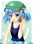  &gt;:d 1girl :d bare_arms bare_shoulders blue_eyes can collarbone eyebrows_visible_through_hair fang flat_cap flat_chest green_hat hair_bobbles hair_ornament hat holding houkiboshi jewelry kawashiro_nitori key looking_at_viewer necklace open_mouth pocket short_hair sleeveless smile soda_can solo tank_top tareme team_shanghai_alice touhou two-tone_background two_side_up upper_body 