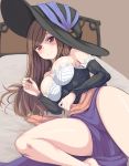  1girl artist_request bare_shoulders breasts brown_hair cleavage detached_sleeves dragon&#039;s_crown dress hat large_breasts long_hair red_eyes smile solo sorceress_(dragon&#039;s_crown) strapless strapless_dress witch_hat 