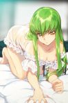  1girl all_fours bare_shoulders barefoot bed_sheet breasts c.c. cleavage code_geass creayus green_hair long_hair looking_at_viewer medium_breasts nightgown pillow shiny shiny_hair solo yellow_eyes 