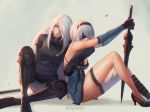 2girls artist_name bare_shoulders blindfold blue_eyes boots breasts chains cleavage elbow_gloves gloves hairband high_heels hug hug_from_behind koyorin lips long_hair looking_at_viewer medium_breasts multiple_girls nier_(series) nier_automata no_bra petals shadow short_hair silver_hair single_thighhigh sitting sword thigh-highs thigh_strap weapon yorha_no._2_type_b yorha_type_a_no._2 