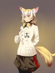  1girl animal_ears arm_behind_back blonde_hair bonkiru bow brown_eyes closed_mouth commentary_request cowboy_shot erwin_rommel eyebrows_visible_through_hair fennec_(kemono_friends) fox_ears fox_tail from_side fur_trim gloves gradient gradient_background highres kemono_friends long_sleeves lucky_beast_(kemono_friends) medal military military_uniform multicolored_hair pants short_hair solo standing tail two-tone_hair uniform white_gloves white_hair yellow_bow 