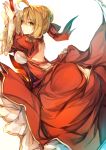  1girl ahoge ass bangs bent_over blonde_hair braid breasts dress epaulettes fal_maro fate/extra fate_(series) from_side green_eyes hair_intakes hair_ribbon highres large_breasts looking_at_viewer looking_to_the_side open-back_dress parted_lips red_dress red_ribbon ribbon saber_extra short_hair solo wide_sleeves 