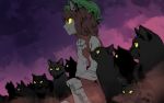  1girl animal_ears black_cat bow bowtie brown_hair cat cat_ears chen dark frilled_hat frilled_skirt frills from_side glowing glowing_eyes green_hat hat long_sleeves looking_afar meitei mob_cap purple_sky red_skirt red_vest skirt smile too_many too_many_cats touhou vest white_bow white_bowtie yellow_sclera 
