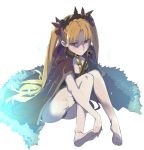  1girl bangs bare_legs barefoot blonde_hair blush cape closed_mouth commentary_request earrings ereshkigal_(fate/grand_order) fate/grand_order fate_(series) feet from_above full_body fur-trimmed_cape fur_trim hair_ribbon hands_on_feet jewelry knees_together_feet_apart light_particles long_hair ningen_(ningen96) parted_bangs red_cape red_eyes red_ribbon ribbon simple_background sitting skull smile solo tiara tohsaka_rin two_side_up white_background 