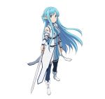  1girl asuna_(sao-alo) blue_eyes blue_hair blue_legwear boots detached_sleeves dress floating_hair from_above full_body holding holding_sword holding_weapon long_hair looking_at_viewer pleated_dress pointy_ears simple_background smile solo standing sword sword_art_online thigh-highs very_long_hair weapon white_background white_boots zettai_ryouiki 