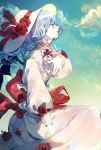  1girl adapted_costume blue_hair bonnet clouds cloudy_sky dress expressionless flower hat hat_flower highres long_hair long_sleeves looking_afar nail_polish petals pointy_ears profile puffy_long_sleeves puffy_sleeves red_eyes red_rose remilia_scarlet rose sitting sky solo tian_(my_dear) touhou 