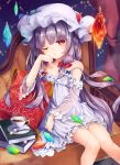  1girl book chemise chin_rest couch crescent crescent_hair_ornament cup detached_sleeves dress hair_ornament hat indoors kedama_milk long_hair nightgown one_eye_closed patchouli_knowledge purple_hair red_eyes sitting solo spoon strap_slip striped striped_dress teacup touhou 