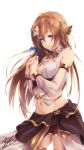  1girl ar_nosurge bare_shoulders blue_eyes blush breasts brown_hair closed_mouth cowboy_shot flower from_side hair_between_eyes hair_flower hair_ornament highres holding holding_flower ionasal_kkll_preciel light_smile long_hair medium_breasts navel signature simple_background solo surge_concerto thigh-highs very_long_hair white_background yoshiomi 