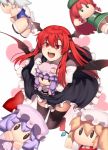  1girl bangs black_legwear black_skirt black_wings blonde_hair blue_bow blunt_bangs book bow braid crescent crescent_hair_ornament doll_hug flandre_scarlet hair_bow hair_ornament hat head_wings hong_meiling izayoi_sakuya juliet_sleeves kaiza_(rider000) koakuma long_hair long_sleeves mob_cap open_mouth patchouli_knowledge pointy_ears puffy_sleeves purple_hair red_bow red_eyes redhead remilia_scarlet sidelocks silver_hair simple_background skirt smile solo thigh-highs touhou twin_braids vest white_background wings 