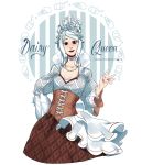  1girl choker copyright_name corset crown dairy_queen dress hand_on_hip highres jewelry looking_at_viewer necklace ozumii personification sidelocks simple_background solo tiara waving white_background white_hair 