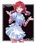  1girl apron black_background blue_eyes commentary detached_sleeves dress freckles gloves hair_ribbon iesupa mascot pun redhead ribbon short_twintails shrug smile smug solo striped striped_dress striped_gloves thigh-highs twintails wendy&#039;s wendy_(wendy&#039;s) 