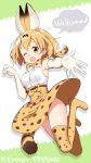  1girl ;d animal_ears animal_print armpits bare_shoulders belt bow bowtie breasts brown_belt clenched_hand copyright_name cross-laced_clothes elbow_gloves engrish extra_ears eyelashes full_body gloves green_background hand_up high-waist_skirt highres jumping kemono_friends legs_up looking_at_viewer masuishi_kinoto medium_breasts multicolored multicolored_background musical_note no_shoes one_eye_closed open_hand open_mouth orange_eyes orange_hair outstretched_arm paw_pose print_bow print_bowtie print_gloves print_legwear print_skirt quaver ranguage reaching reaching_out romaji serval_(kemono_friends) serval_ears serval_print serval_tail shirt short_hair skirt sleeveless sleeveless_shirt smile solo speech_bubble striped_tail tail tareme thigh-highs two-tone_background white_background 