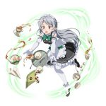  1girl apron black_shoes blush bow bowtie cup elbow_gloves falling full_body gloves green_bow green_bowtie long_hair maid maid_headdress one_leg_raised open_mouth pointy_ears seven_(sao) shoes silver_hair simple_background solo spoon sweatdrop sword_art_online teacup thigh-highs very_long_hair violet_eyes white_apron white_background white_gloves white_legwear 