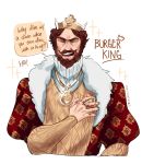  1boy beard brown_hair burger_king cropped_torso crown facial_hair highres jewelry laughing male_focus mustache necklace ozumii ring simple_background smile solo the_king white_background 