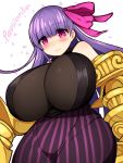  1girl blush bodysuit breasts character_name fate/extra fate/extra_ccc fate/grand_order fate_(series) flying_sweatdrops huge_breasts looking_at_viewer mofuaki passion_lip pink_eyes purple_hair skirt solo striped striped_skirt 